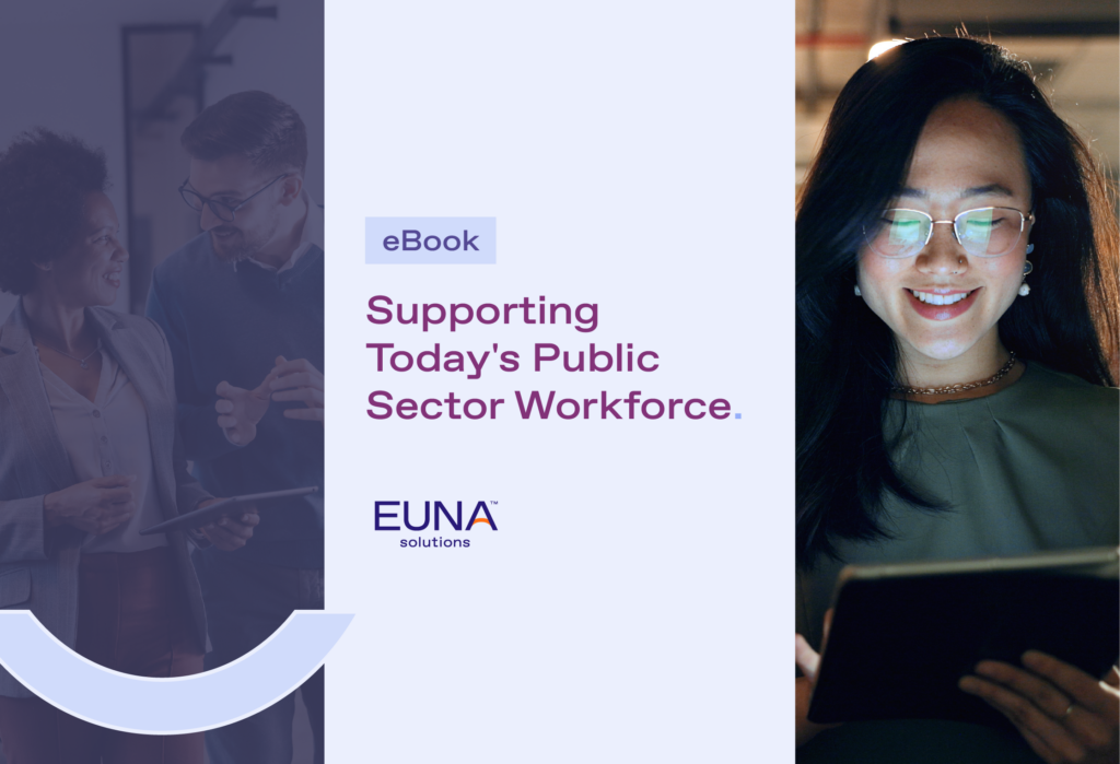 Professional discussion in an office setting and a person reading from a tablet, overlayed with text about an ebook on supporting the public sector workforce.